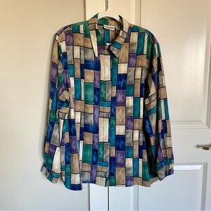 Alfred Dunner VTG 80's 90's Abstract Geometric Puff Shoulder Dark Indie LS Top